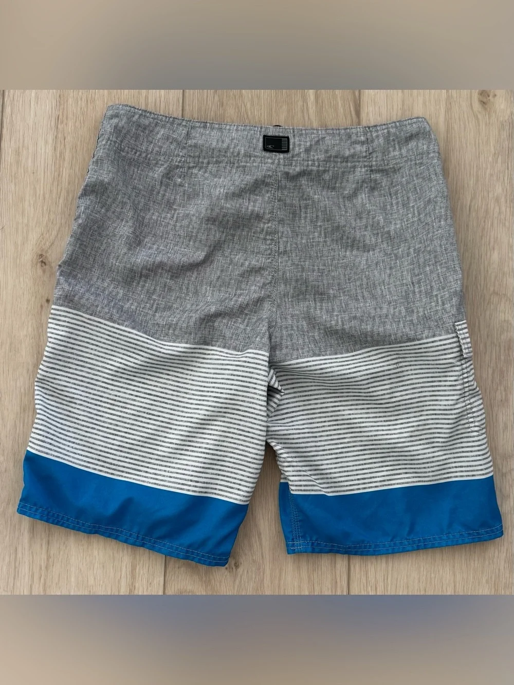 Mens O’Neill gray blue stripe board shorts surf swim trunks size 32 unlined